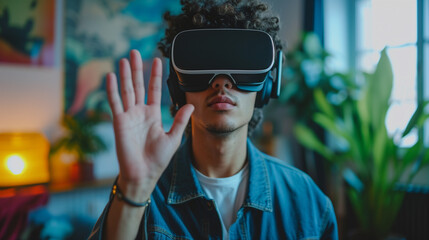 Young multiracial man using virtual or augmented reality headset in home. Man with VR glasses in living room. 