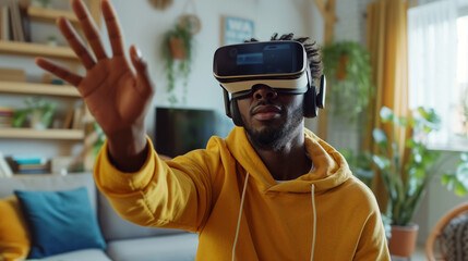 Young black man using virtual or augmented reality headset in home. Man with VR glasses in living room. Futuristic lifestyle concept.