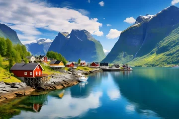 Photo sur Plexiglas Europe du nord Serene Vista of a Nordic Fjord Village Surrounded by Majestic Green Mountains and Tranquil Blue Waters