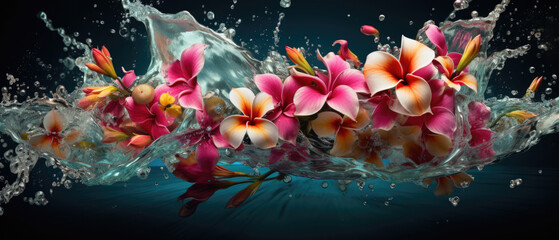 Fototapeta na wymiar Colorful blooming plumeria frangipani flowers stacked on top of each other with splashing water created with Generative AI Technology