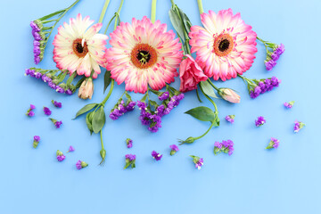 Top view image of pink and purple flowers composition over pastel blue background .Flat lay