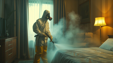 
Faceless pest control worker in a protective suit sprays insect poison in bedroom