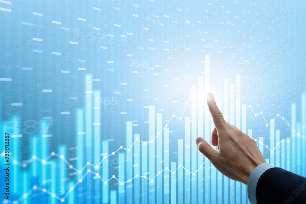 Poster Business data analysis concept.  Marketing data and statistical charts. Analyst pointing blue graph.