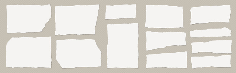 Set of torn, ripped pieces of white note paper with soft shadow are on brown squared background for text or ad. - 739912229