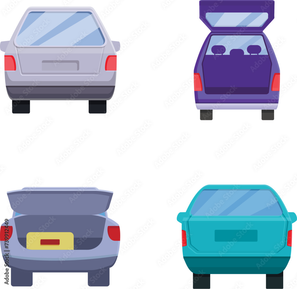 Poster minivan trunk icons set cartoon vector. various automobile with open trunk. back view