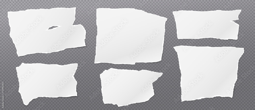 Poster set of torn, ripped pieces of white note paper with soft shadow are on dark squared background for t
