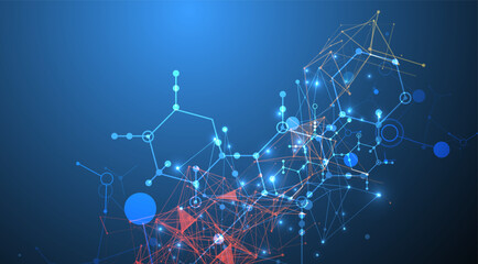 Abstract background on a scientific and technological theme. An image of hexagons on a dark blue background with a color plexus effect. Hand drawn vector.