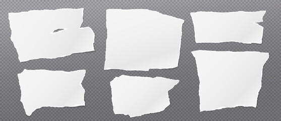 Set of torn, ripped pieces of white note paper with soft shadow are on dark squared background for text or ad.