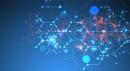 Abstract background on a scientific and technological theme. An image of hexagons on a dark blue background with a color plexus effect. Hand drawn vector.