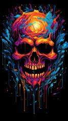 Bright skull with smudges of paint on a black background.