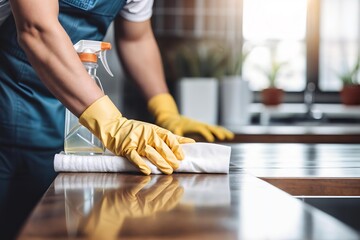 Male janitor wiping clean kitchen surface - obrazy, fototapety, plakaty