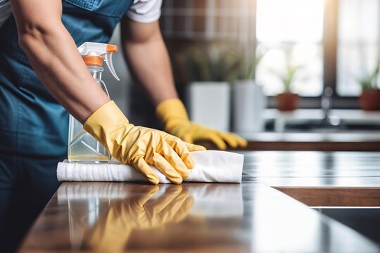 Male janitor wiping clean kitchen surface