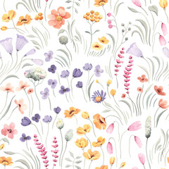 Blossom meadow with abstract colorful flowers and grass, seamless floral pattern, isolated illustration for your design textile or wallpapers.
