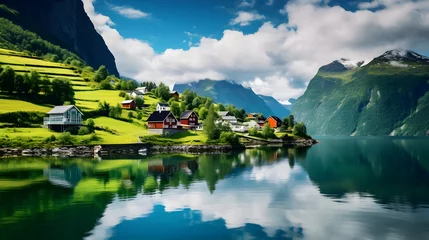 Papier Peint photo Europe du nord Serene Vista of a Nordic Fjord Village Surrounded by Majestic Green Mountains and Tranquil Blue Waters