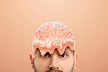 The human brain melts from high stress. Concept fatigue, brainstorming, modern design, magazine...