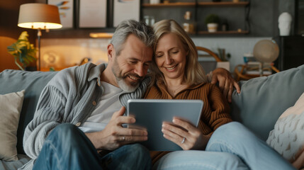 Happy middle aged couple using digital tablet relaxing on couch at home. Smiling mature man and woman holding tab computer browsing internet on pad technology device sitting on sofa in living room.