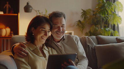 Happy middle aged couple using digital tablet relaxing on couch at home. Smiling mature man and woman holding tab computer browsing internet on pad technology device sitting on sofa in living room.