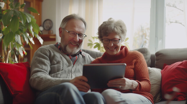 Happy middle aged couple using digital tablet relaxing on couch at home. Smiling mature man and woman holding tab computer browsing internet on pad technology device sitting on sofa in living room. - Powered by Adobe