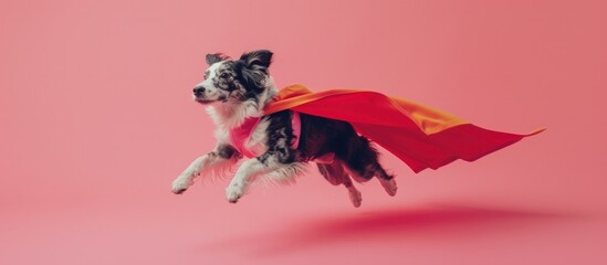 Dog in a superhero costume. An animal is a human friend. Pet advertising concept for holidays, pet stores, rescues.