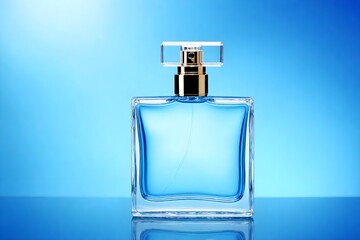 A blue bottle of perfume on a soft blue background stands on the surface of the water. Layout of the exhibition of cosmetics, makeup, perfumes and skin care concepts, health and beauty.