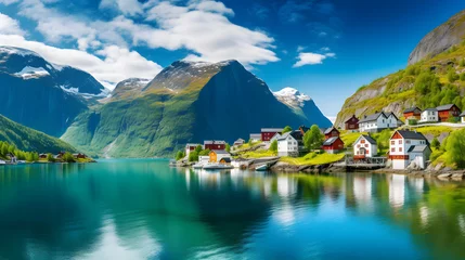 Photo sur Aluminium Europe du nord Serene Vista of a Nordic Fjord Village Surrounded by Majestic Green Mountains and Tranquil Blue Waters