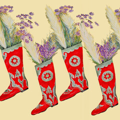 national Tatar red boots with a green folk pattern,an ornament without seams with the inscription of a national song with field fragrant spring flowers of purple and lilac color