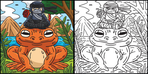 Ninja on a Huge Frog Coloring Page Colored