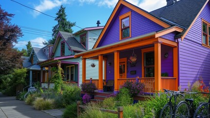 A colorful craftsman duplex with a purple and orange exterior, a shared front porch, and a bicycle...