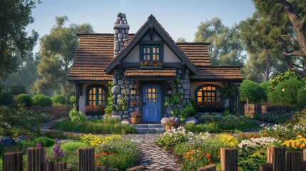 A cozy craftsman cottage with a stone chimney, a blue front door, and a flower bed along the fence