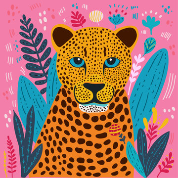 Illustration with a postrait of a cute leopard on a pink background with blue leaves. Vector grapnics with simple shapes and textures are ideal for designing cards posters wallpapers, prints 