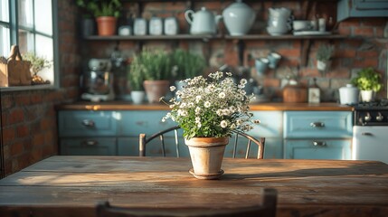 A rustic kitchen with a wooden table, a metal chair, and a pot of flowers.