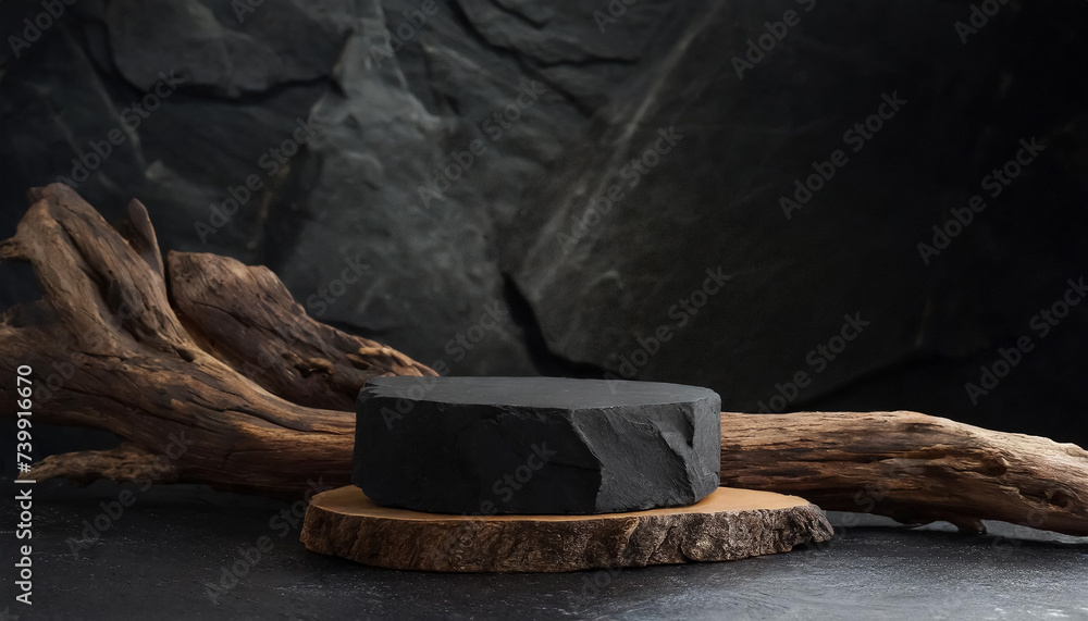 Wall mural a black rock podium with a rustic driftwood, on a dark rock texture background. ideal for product di