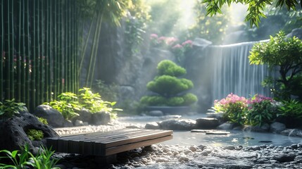 A zen garden with a stone bench, a bamboo fountain, and a bonsai tree.