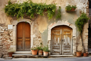 Fototapeta na wymiar Old wooden door and flower pots on a stone wall. Tuscany, Italy