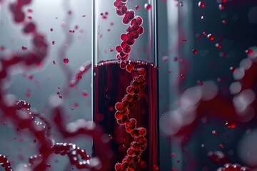 DNA molecules form inside a test tube in a blood test device. Concept, science, gene editing, genetics, DNA editing, beautiful red color, futuristic, hi-tech, future.