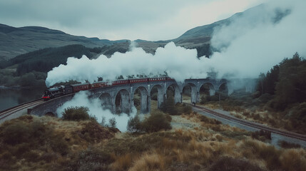 Fototapeta premium Train pulled by a steam locomotive travels over the bridge.