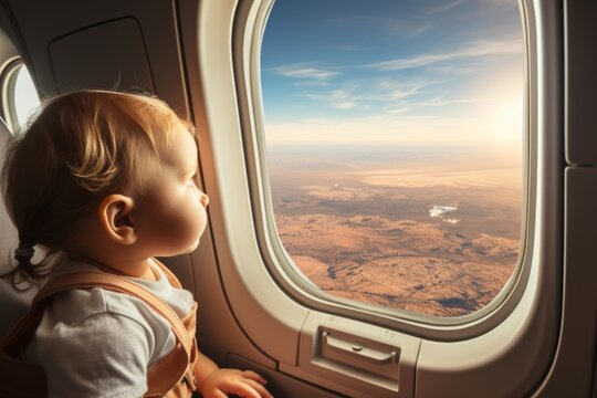 Happy child traveling by airplane. Girl looking out window on family vacation abroad.
