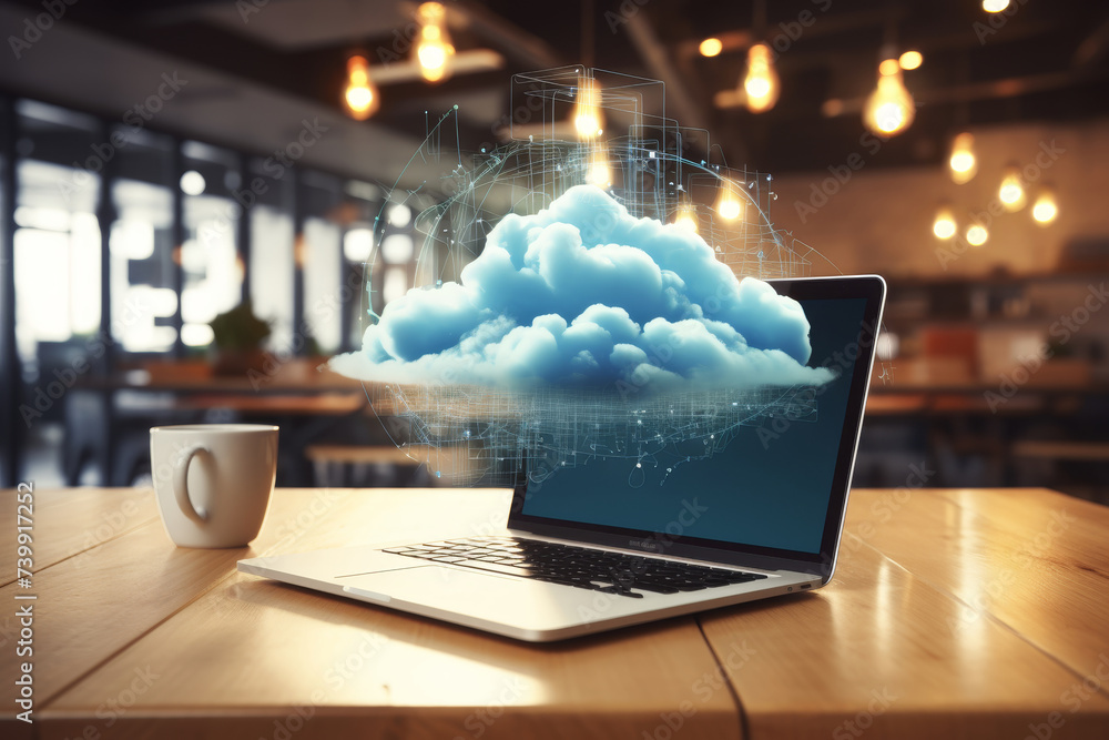 Poster modern laptop screen showing digital representation of cloud computing technology