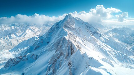 Beautiful landscape of snow-capped mountains. Top view of snowy peaks of mountain.