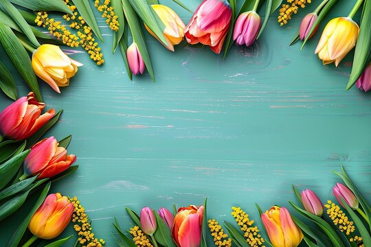 Fresh multicolored tulips on wooden background. Bouquet of spring flowers. Holiday concept.