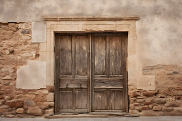 Old wooden door in a stone wall of an old house in Spain