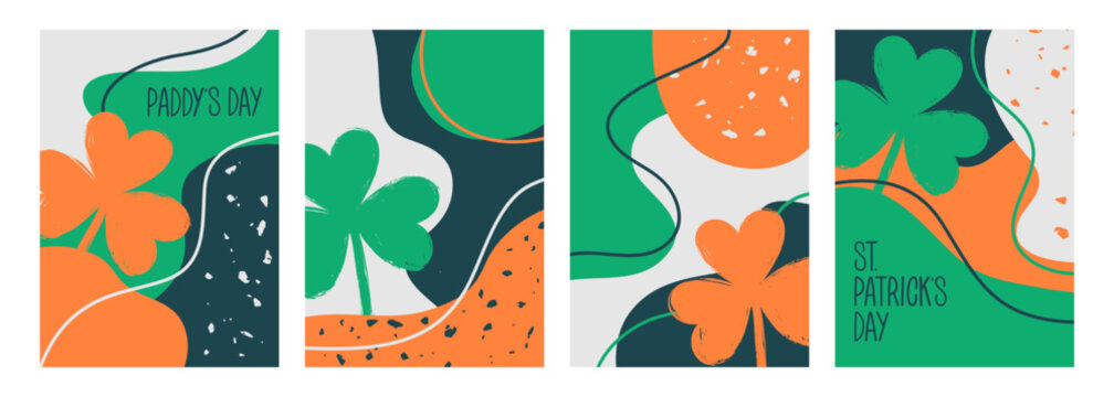 St. Patrick's Day celebration backgrounds with shamrock symbol for Paddy's Day holiday greetings and invitations. Hand drawn abstract shapes and outlines. Vector illustration.