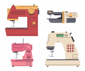 Sewing machines vector cartoon set isolated on a white background.
