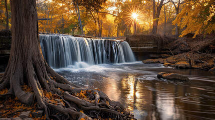Sunlit Autumn Waterfall in Tranquil Forest