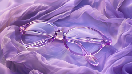 Translucent lavender purple ladies' glasses, ultra-modern, on a pastel-colored, textured cloth with soft backlighting. 32K, ultra high details.