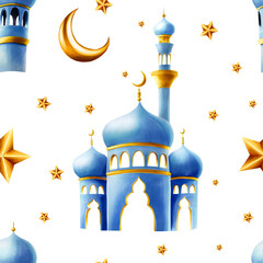 Watercolor seamless pattern with Islamic arabian mosque and minaret, golden crescent moon, stars illustration isolated on background. Muslim hand drawn holiday Ramadan Kareem or Eid Al Adha 2024