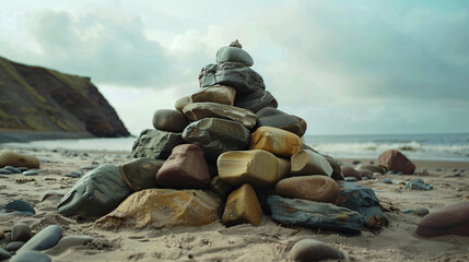 Pyramid of stones on the beach.