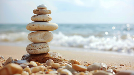 Fototapeta na wymiar Pyramid of stones on the beach.