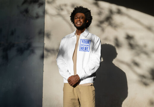 Mockup of man wearing customizable jacket with zipper