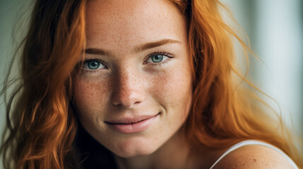 Confident young redhead woman with vivid freckles and a subtle smile - obrazy, fototapety, plakaty